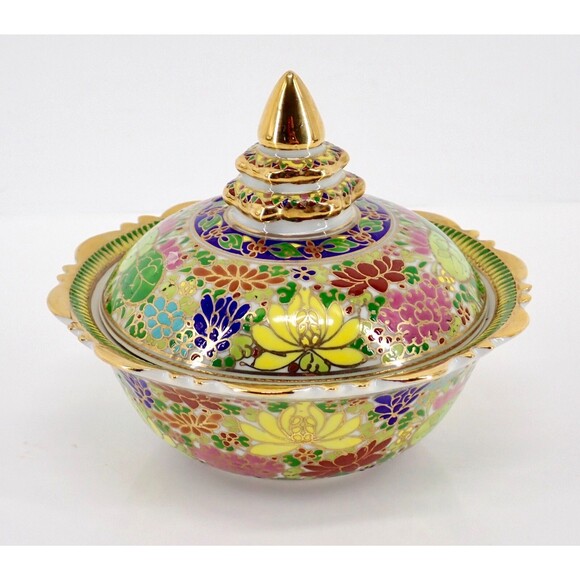 Hand Thai Painted Gold Tone Pottery BENJARONG Porcelain Cup & Lid Cloisonné 4.5" - Picture 8 of 14